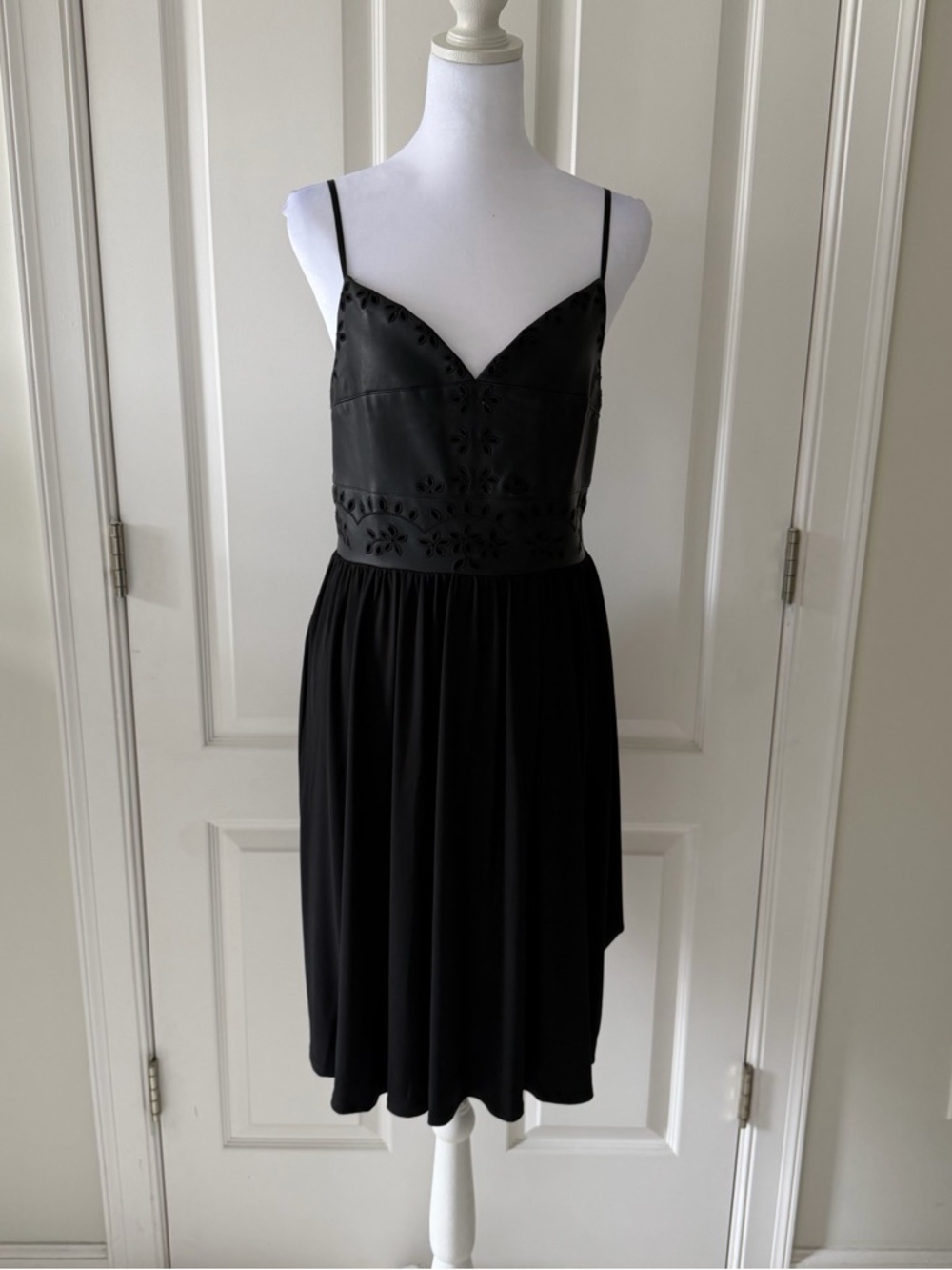 VENUS Vegan Leather Black Spaghetti-Strap Mini Dress with Cutout Detail